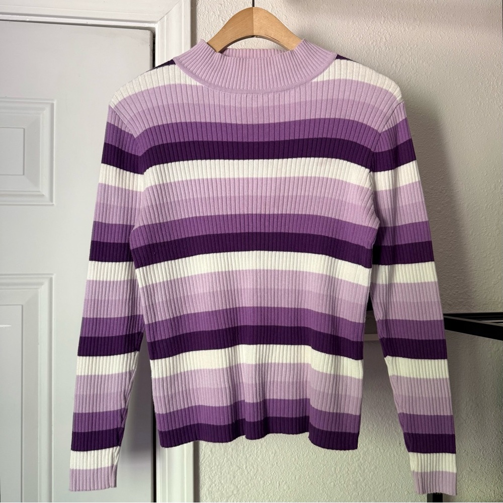 SHINY BY NATURE lilac lavender white striped rib ribbed mock neck sweater